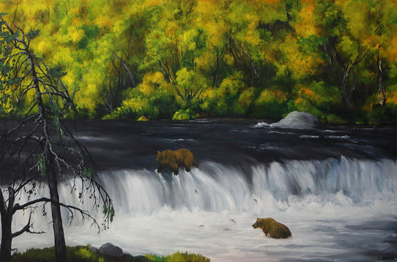 brooks river falls Grizzly Bears  24x36 inches #334